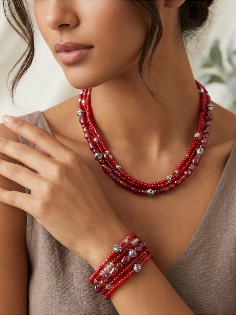 Bohemian Multi-Strand Red Beaded Necklace and Bracelet Set